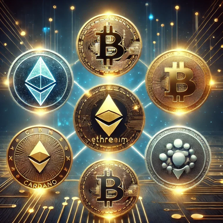 DALL·E 2024-12-13 14.37.27 - A visually striking image featuring five digital coins representing Bitcoin (a stylized B), Ethereum (a diamond shape), Binance Coin (BNB logo), Carda