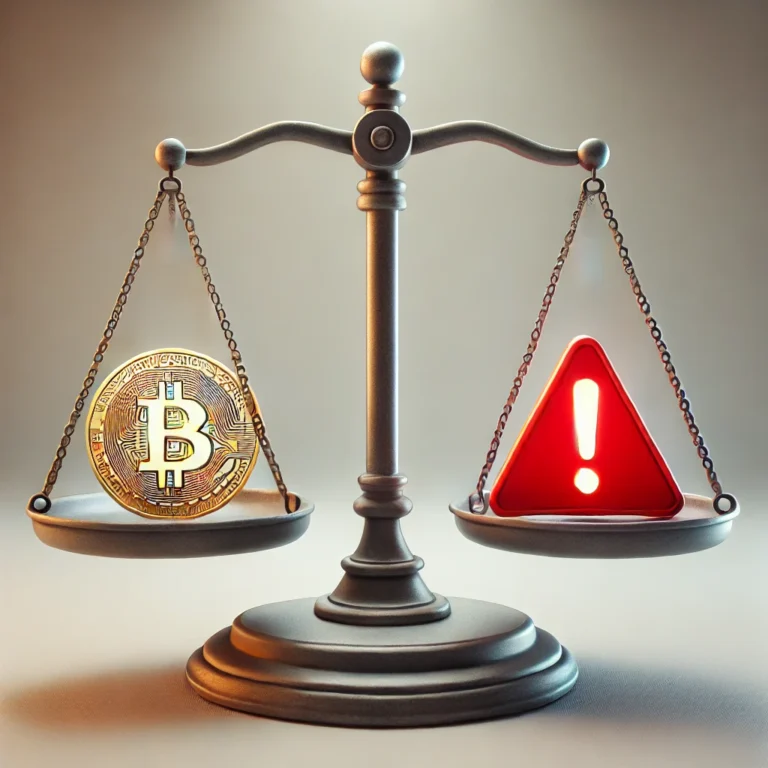 DALL·E 2024-12-13 14.39.43 - A balanced scale with a glowing Bitcoin coin on one side and a red warning triangle on the other, symbolizing the pros and cons of cryptocurrency inve